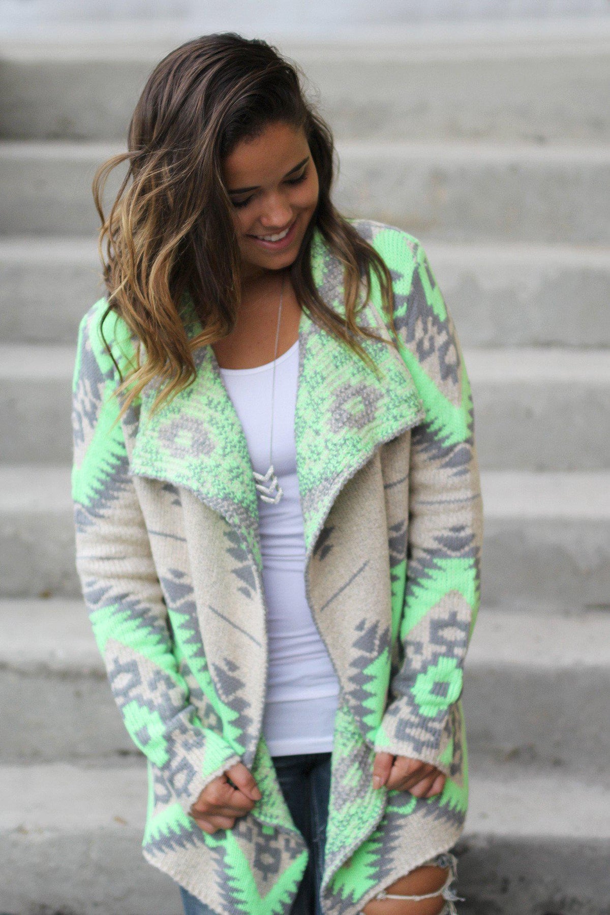 Neon Green and Gray Aztec Cardigan | Aztec Printed Cardigan – Saved by ...