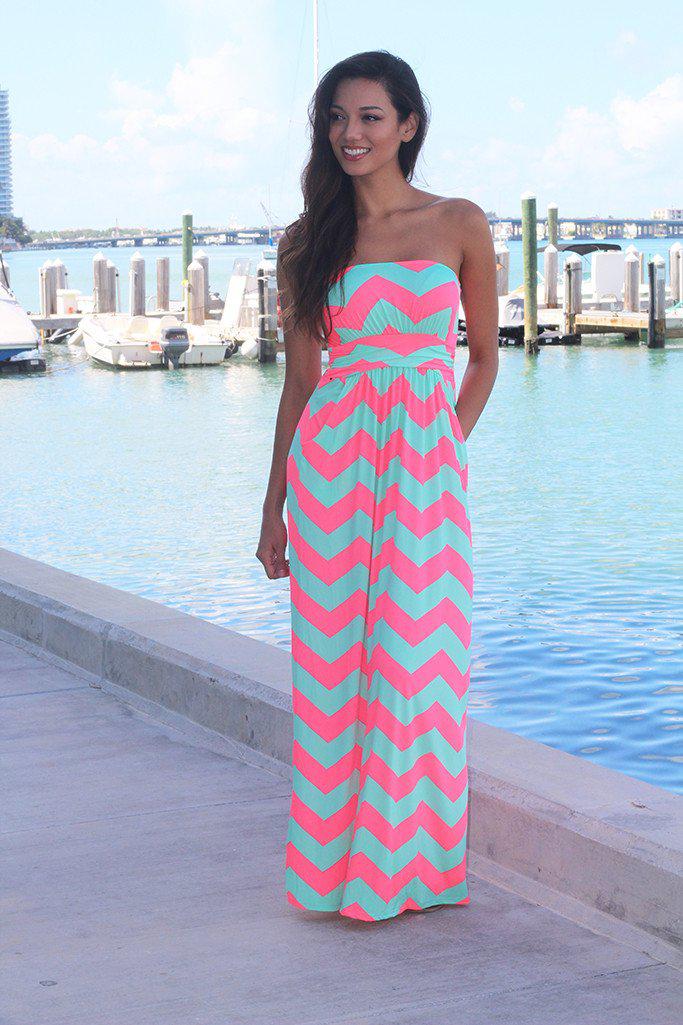 Neon Pink And Aqua Chevron Maxi Dress With Pockets – Saved by the Dress