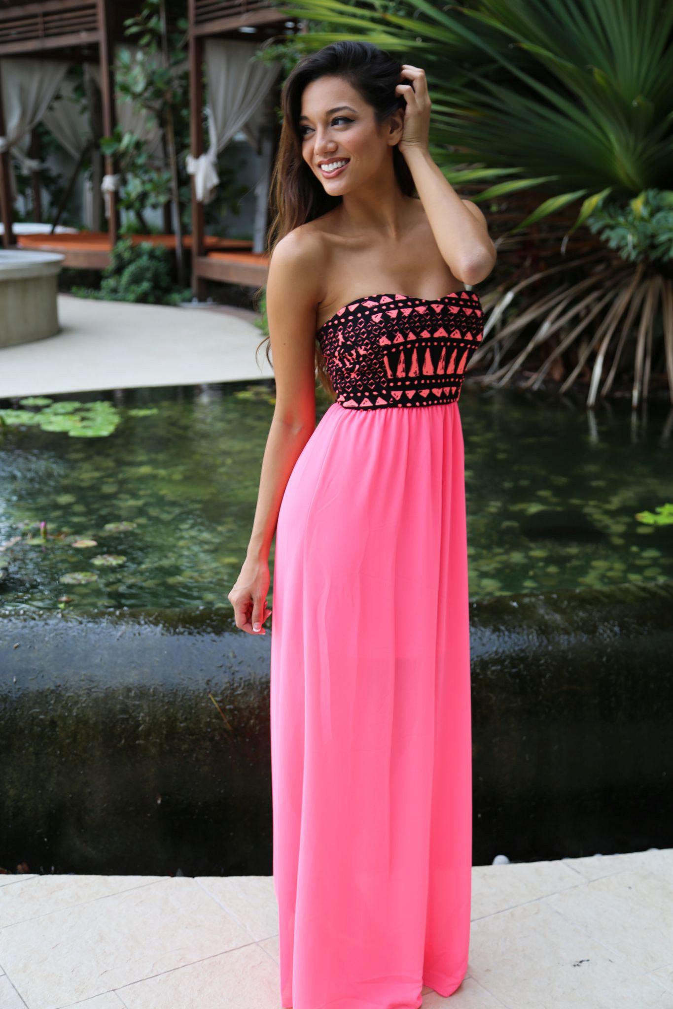 Neon Pink Maxi Dress With Printed Top | Printed Dress – Saved by the Dress