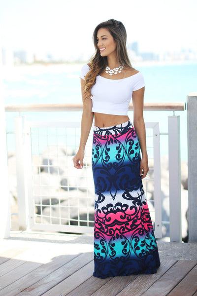Navy and Neon Pink Printed Maxi Skirt | Online Boutiques – Saved by the ...
