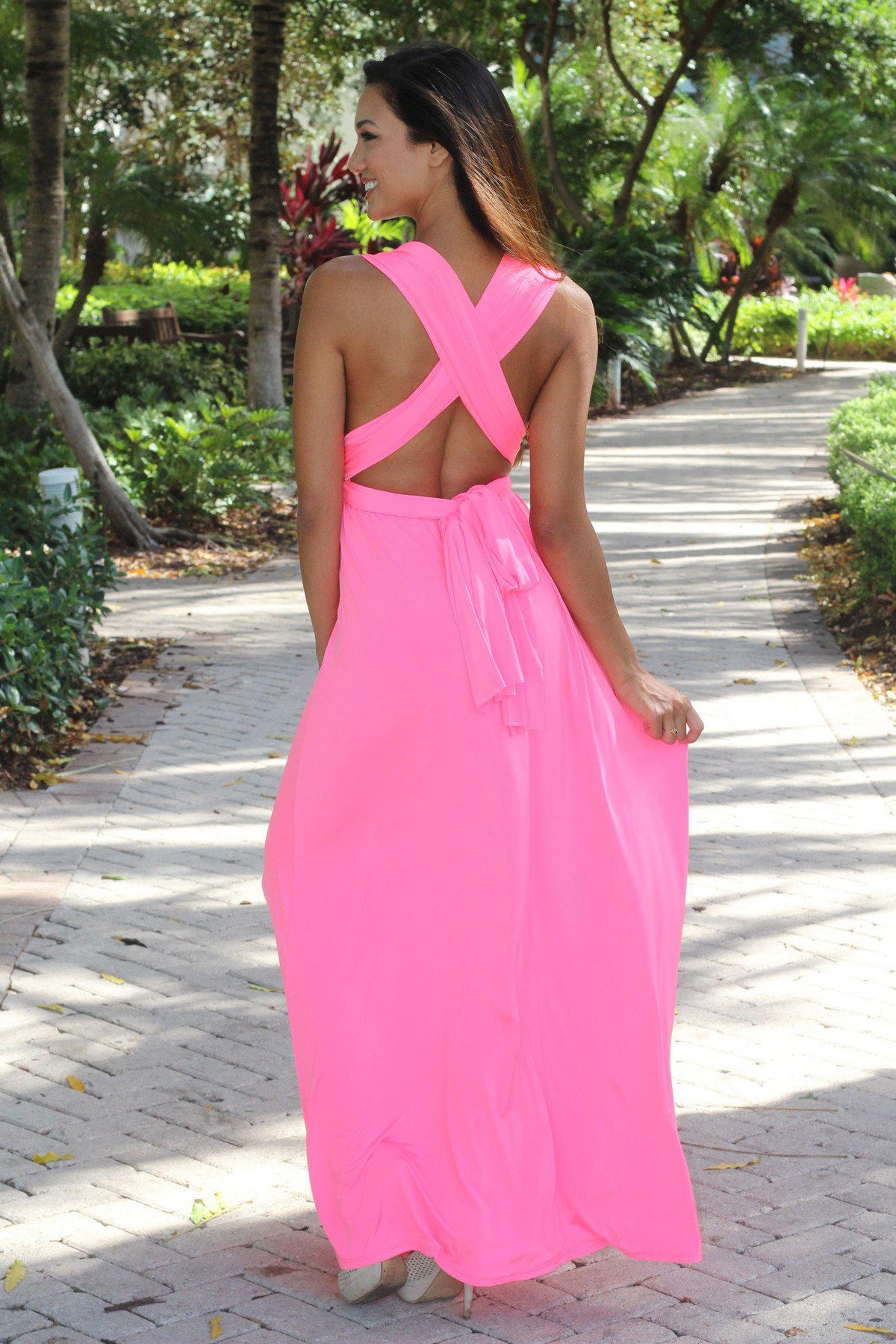 Neon Pink Multi Style Maxi Dress Neon Pink Dress Saved By The Dress 