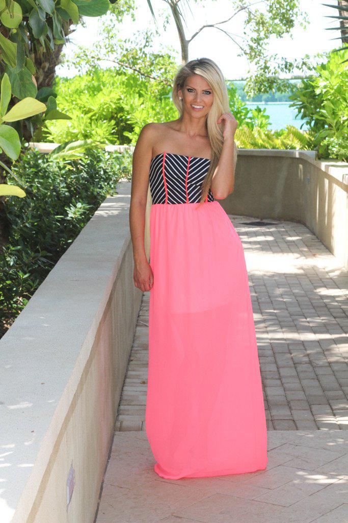Neon Pink Striped Top Maxi Dress | Neon Pink Dress – Saved by the Dress