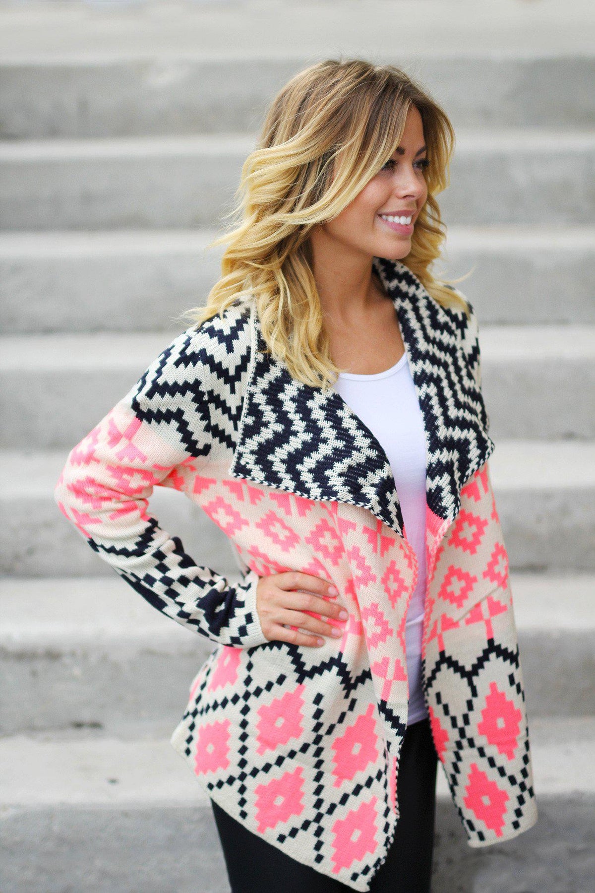 Neon Pink and Navy Printed Cardigan | Neon Pink Cardi – Saved by the Dress