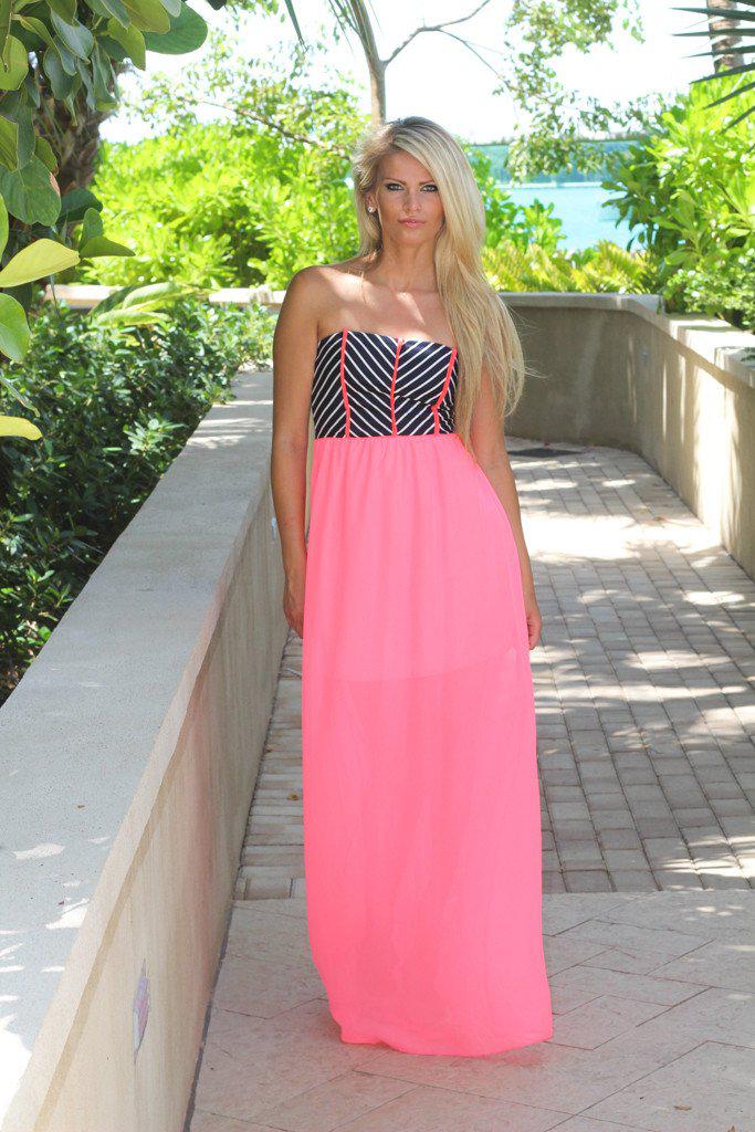 Neon Pink Striped Top Maxi Dress | Neon Pink Dress – Saved by the Dress