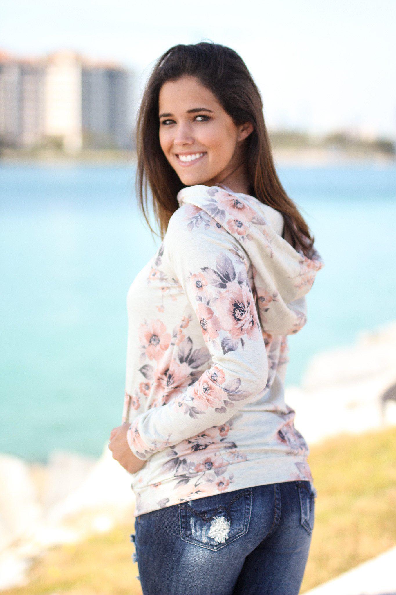 Oatmeal Floral Hoodie with Pocket | Hoodies – Saved by the Dress