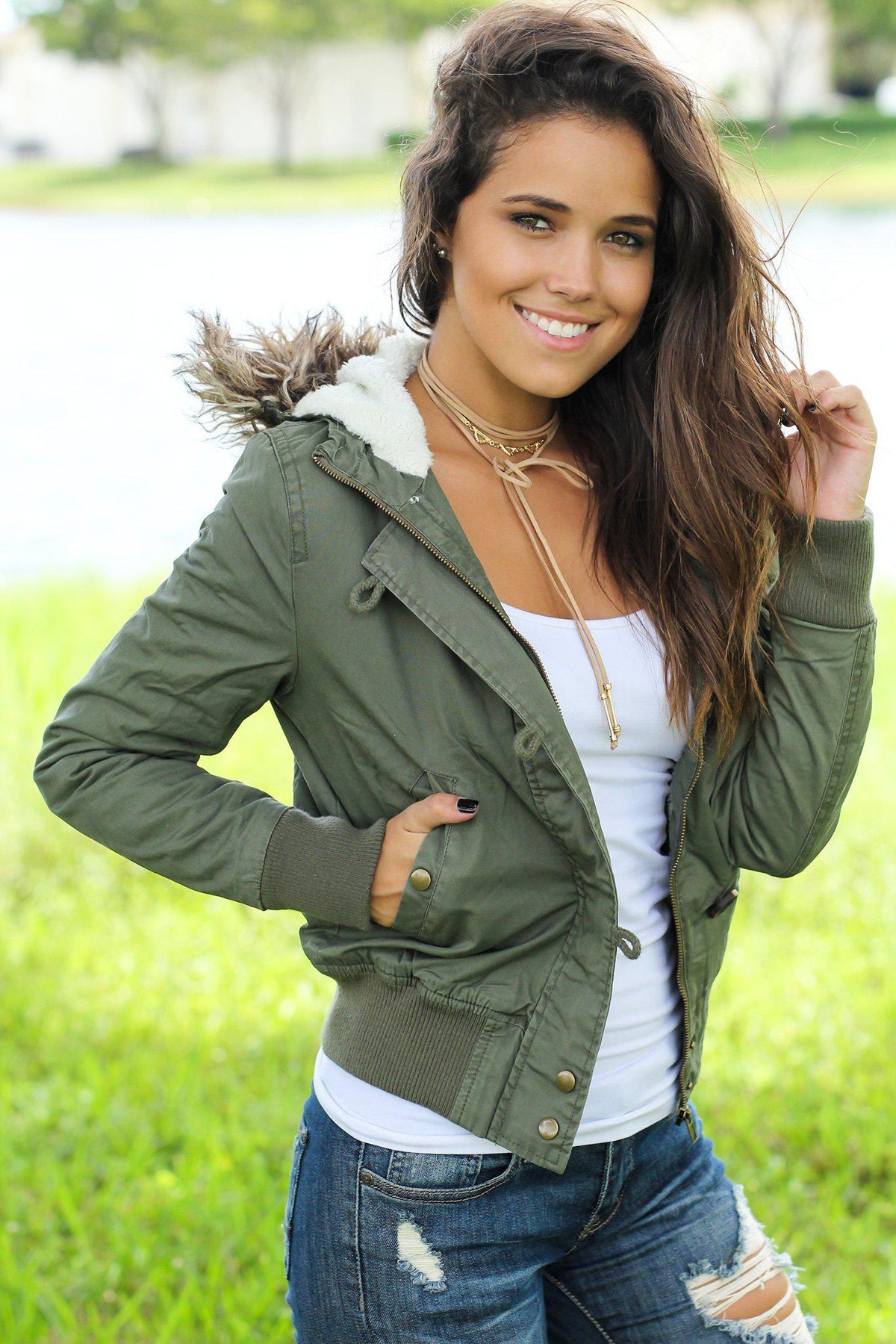 Olive Jacket with Fur Hood | Jackets – Saved by the Dress