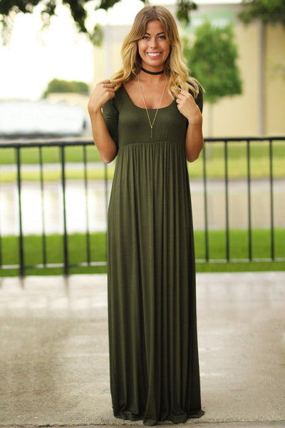 Olive Maxi Dress with Mid-Sleeves | Olive Maxi Dress | Dress – Saved by ...