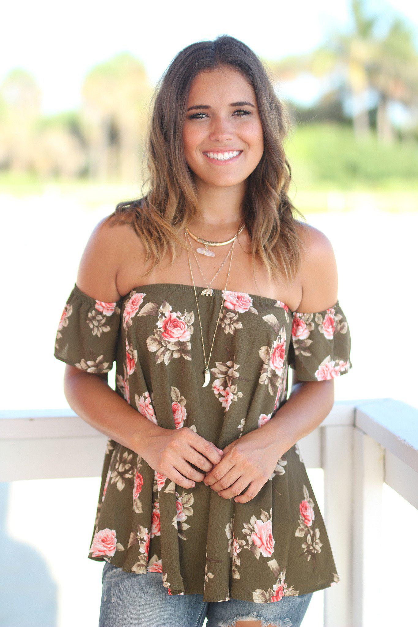 Olive Floral Off Shoulder Top | Floral Top | Floral Olive Top – Saved ...