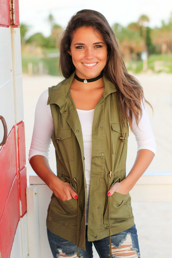 Light Olive Vest with Hood | Cute Vests – Saved by the Dress