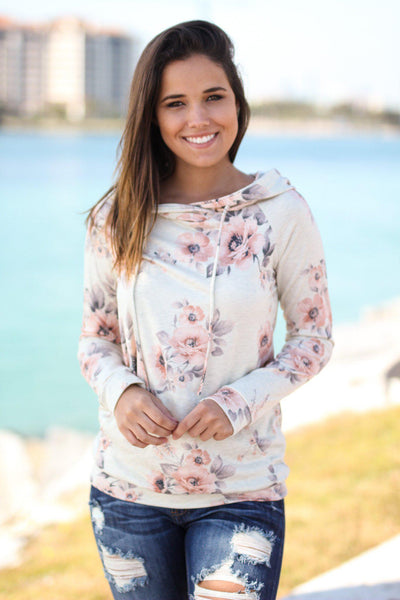 Oatmeal Floral Hoodie with Pocket | Hoodies – Saved by the Dress