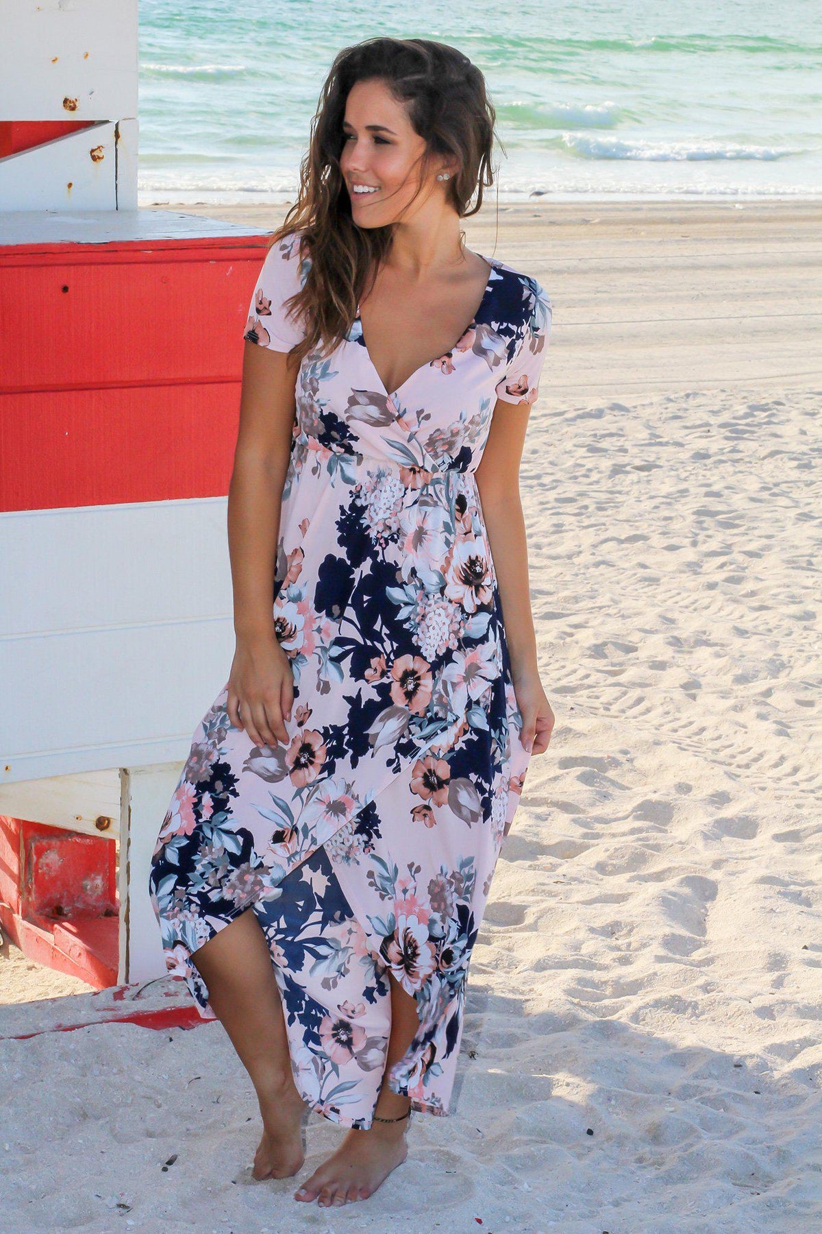 Peach and Navy Floral High Low Dress | Maxi Dresses – Saved by the Dress