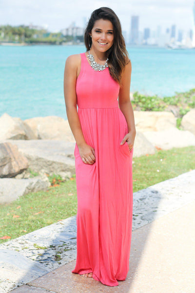 Coral Maxi Dress with Pockets | Maxi Dresses – Saved by the Dress