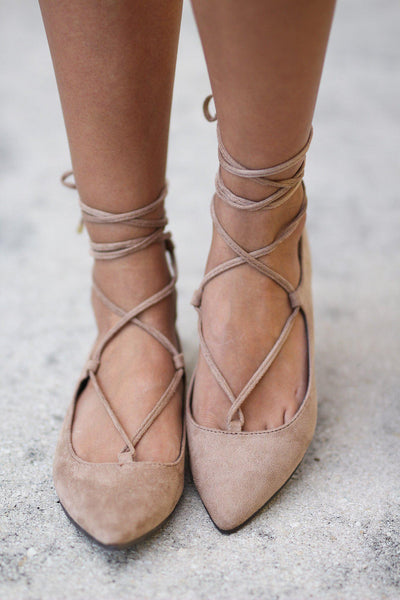 Natural Lace Up Ballet Flats | Online Boutiques – Saved by the Dress