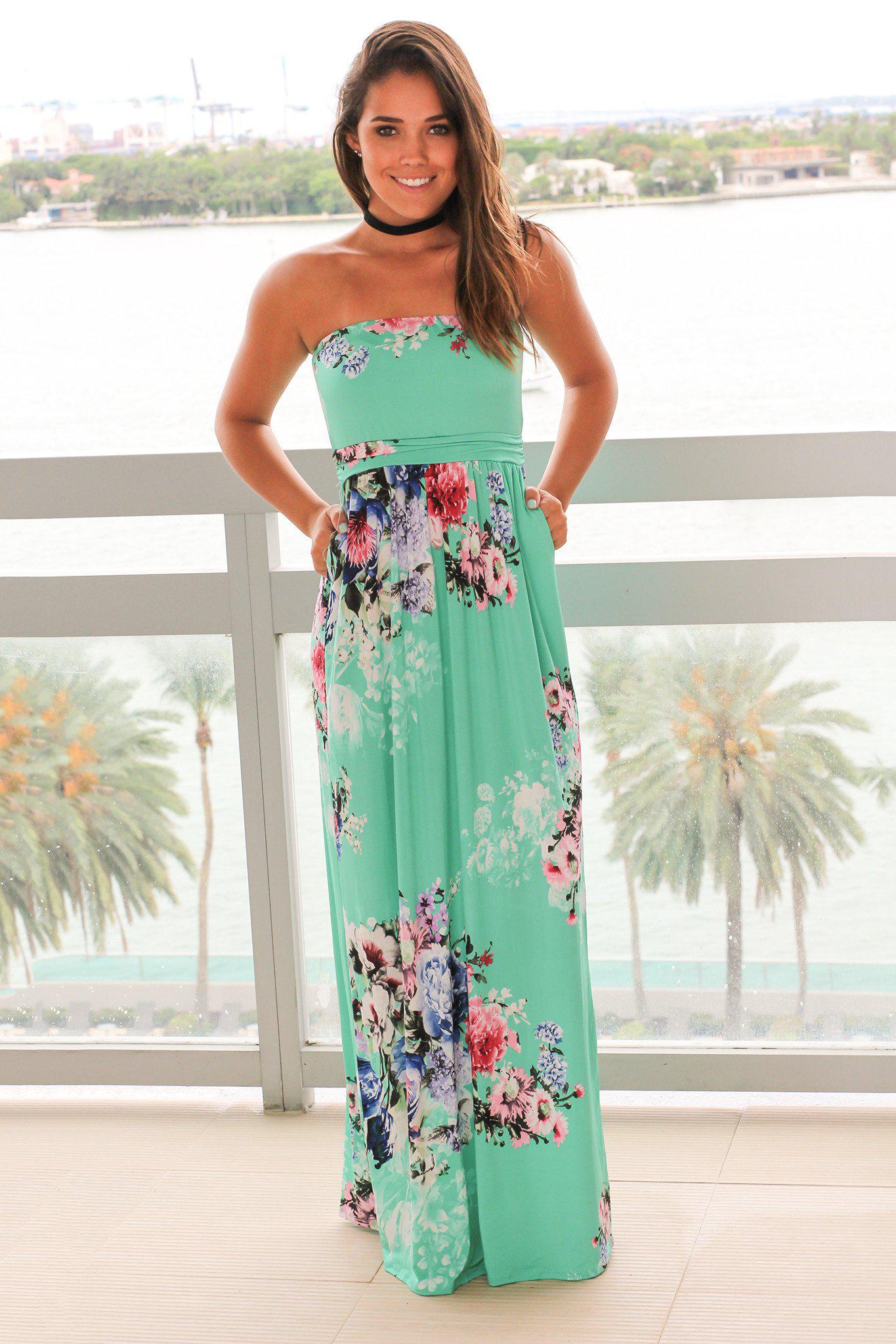 Mint and Pink Floral Strapless Maxi Dress | Maxi Dresses – Saved by the ...