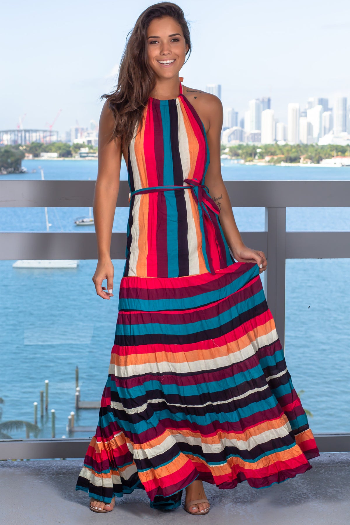 Multi Color Striped Halter Neck Maxi Dress | Maxi Dresses – Saved by ...