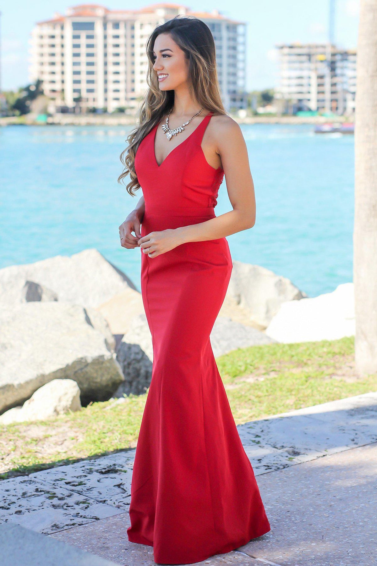 Red Maxi Dress with Lace Back | Bridesmaid Dresses – Saved by the Dress