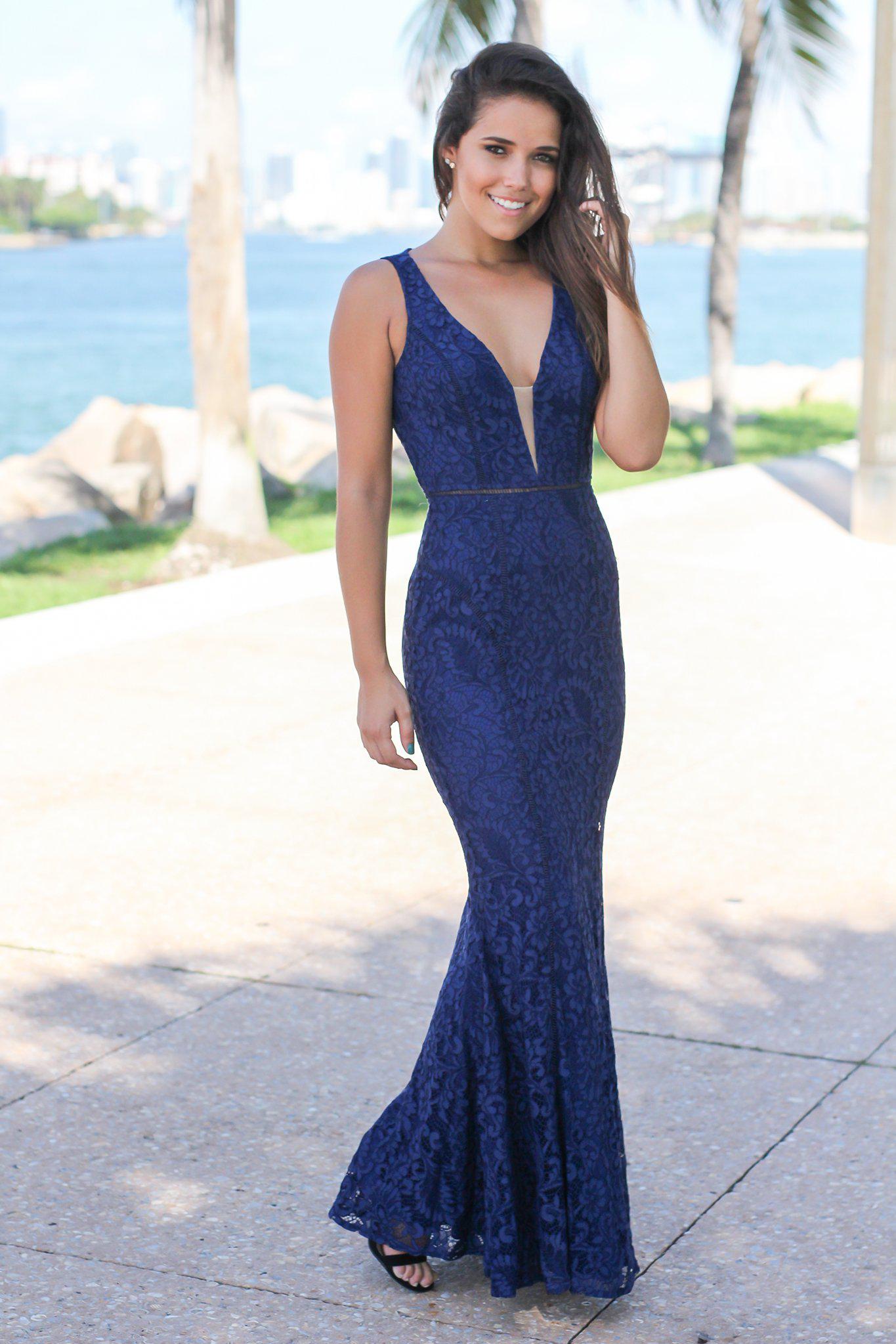 Navy Lace Maxi Dress with Mesh V-Neck | Formal Dresses – Saved by the Dress