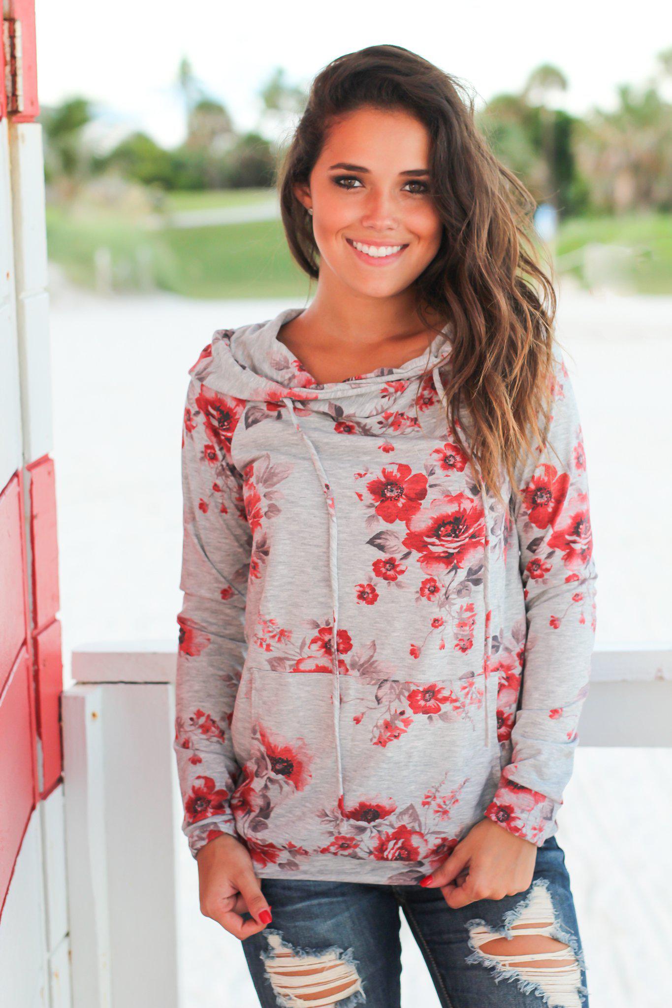 Gray and Red Floral Hoodie with Pocket | Online Boutiques – Saved by ...