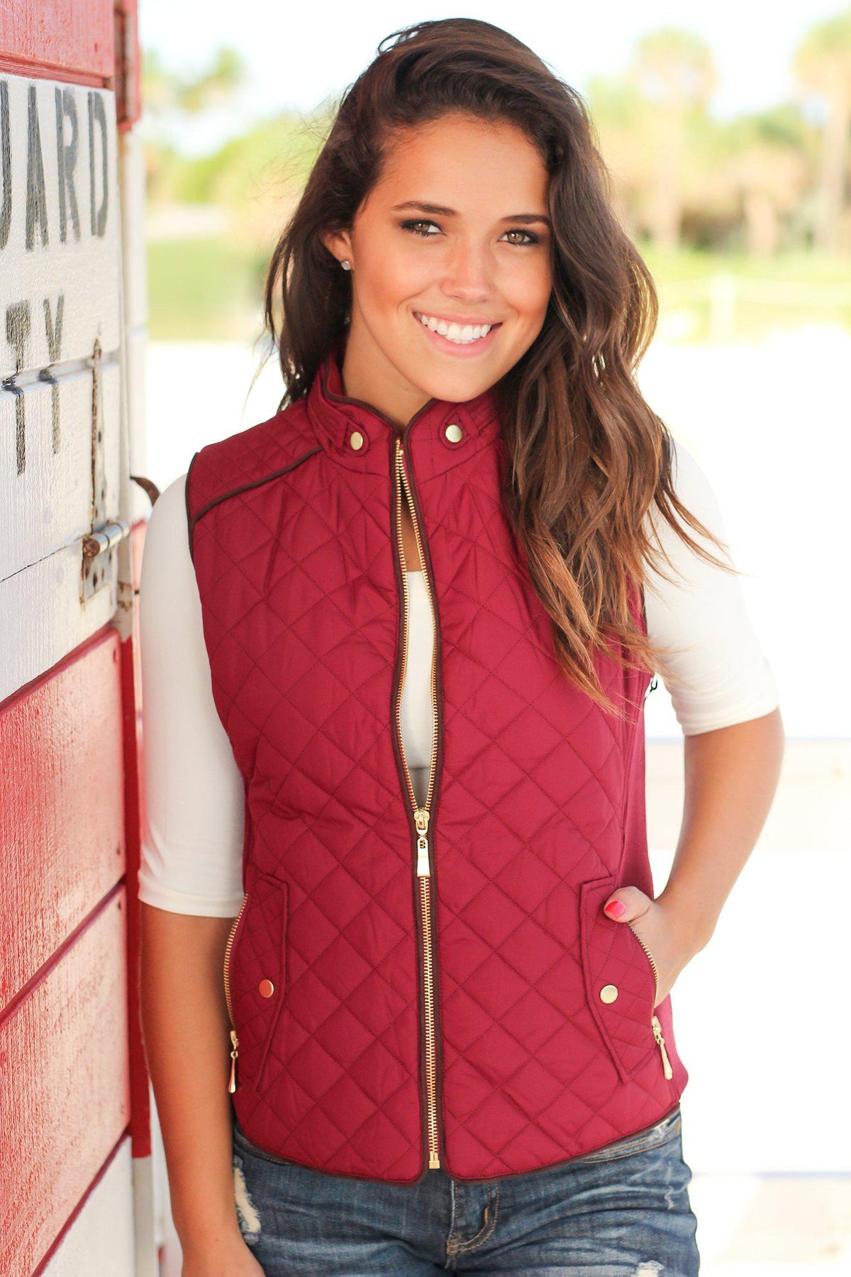 Burgundy Quilted Vest With Pockets | Online Boutiques – Saved by the Dress