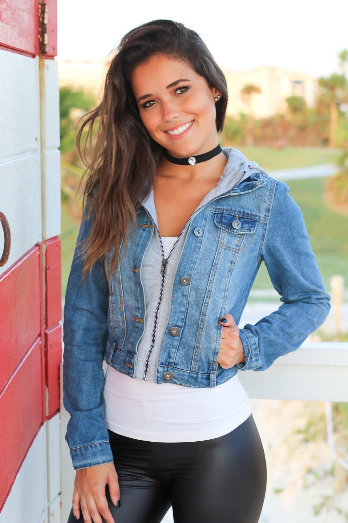 Denim Jacket with Gray Hood | Online Boutiques – Saved by the Dress