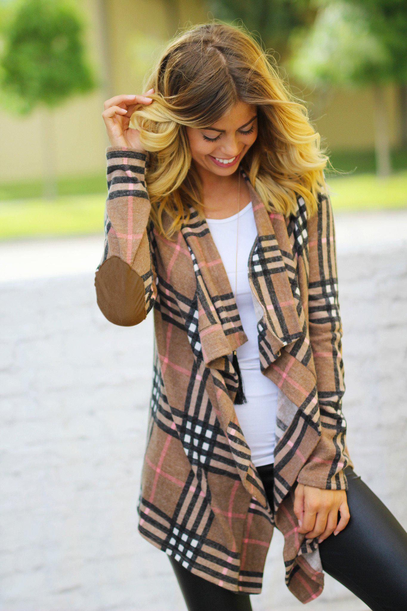 Taupe Plaid Cardigan with Elbow Patches | Taupe Cardigan | Plaid Cardi ...