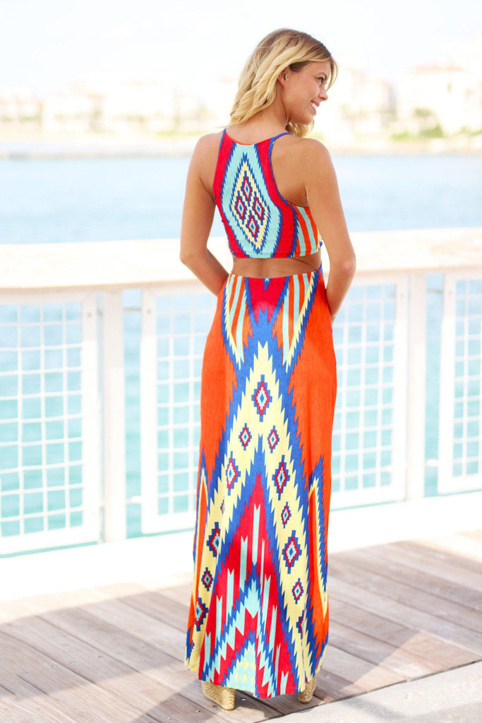 Orange Tribal Cut Out Maxi Dress – Saved by the Dress