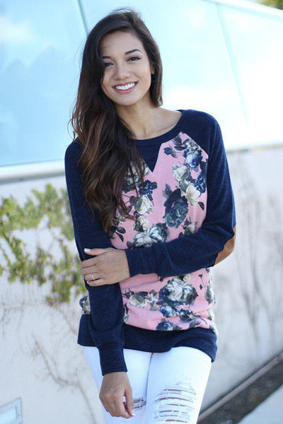 Navy and Pink Floral Top With Elbow Patch | Navy Top – Saved by the Dress