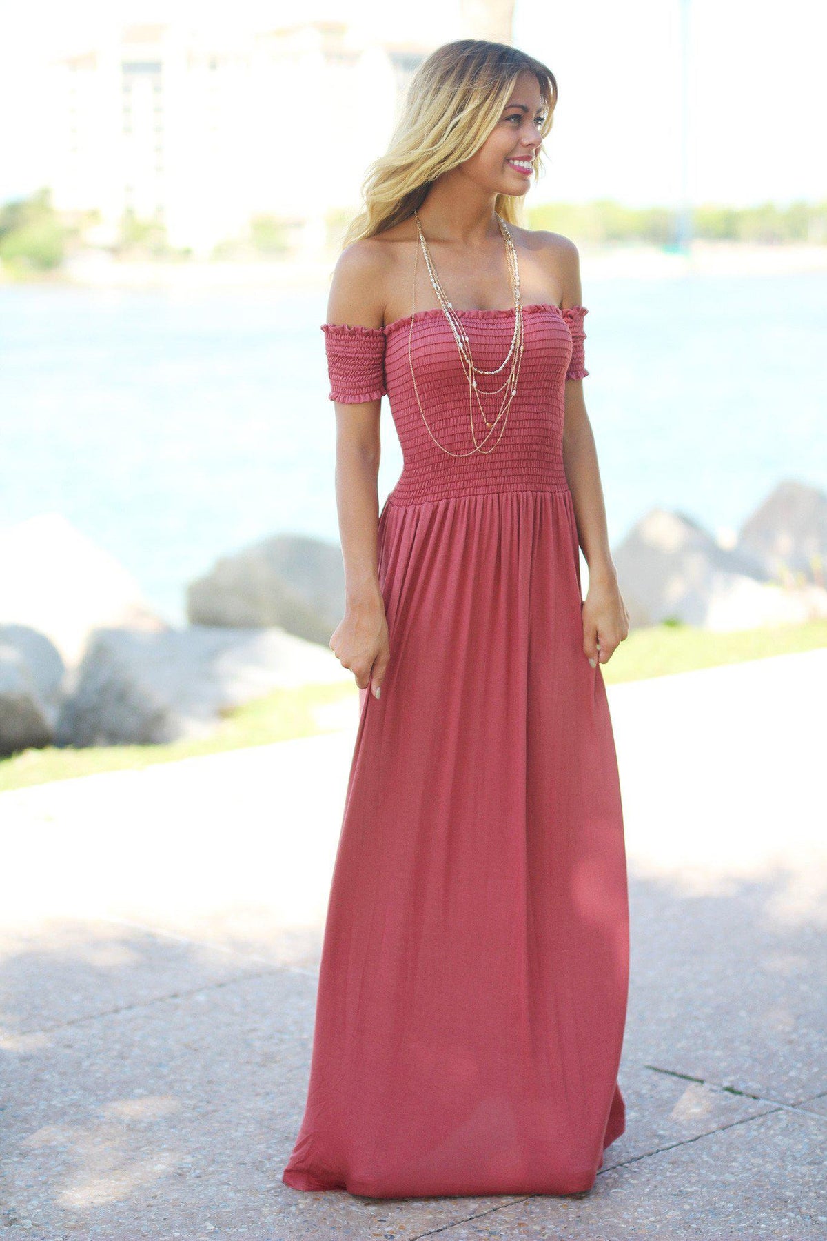 Dusty Pink Off Shoulder Maxi Dress | Maxi Dress | Dress Boutique ...