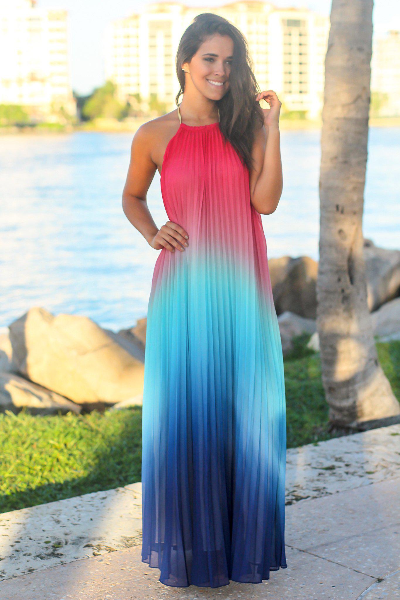 Pink and Blue Pleated Maxi Dress | Maxi Dresses – Saved by the Dress