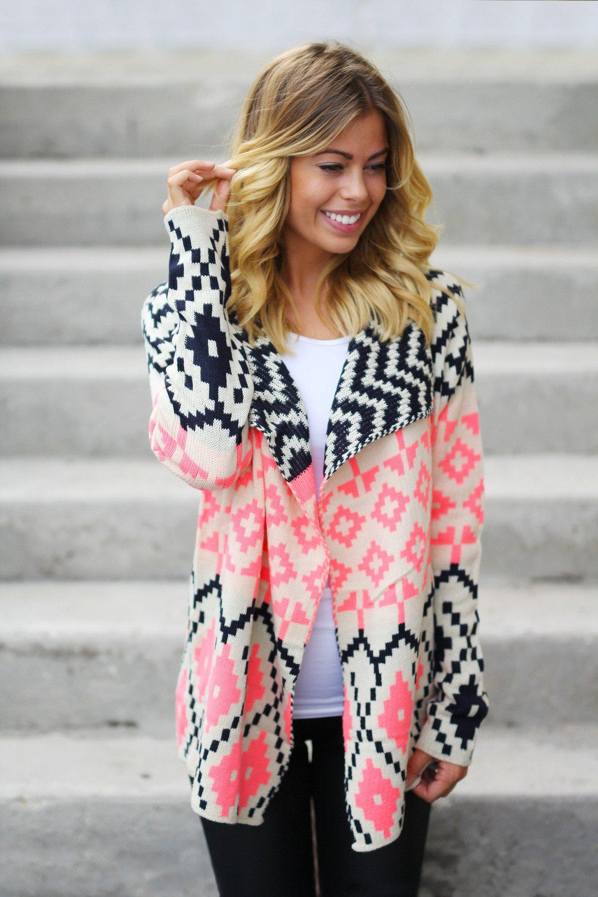 Neon Pink and Navy Printed Cardigan | Neon Pink Cardi – Saved by the Dress
