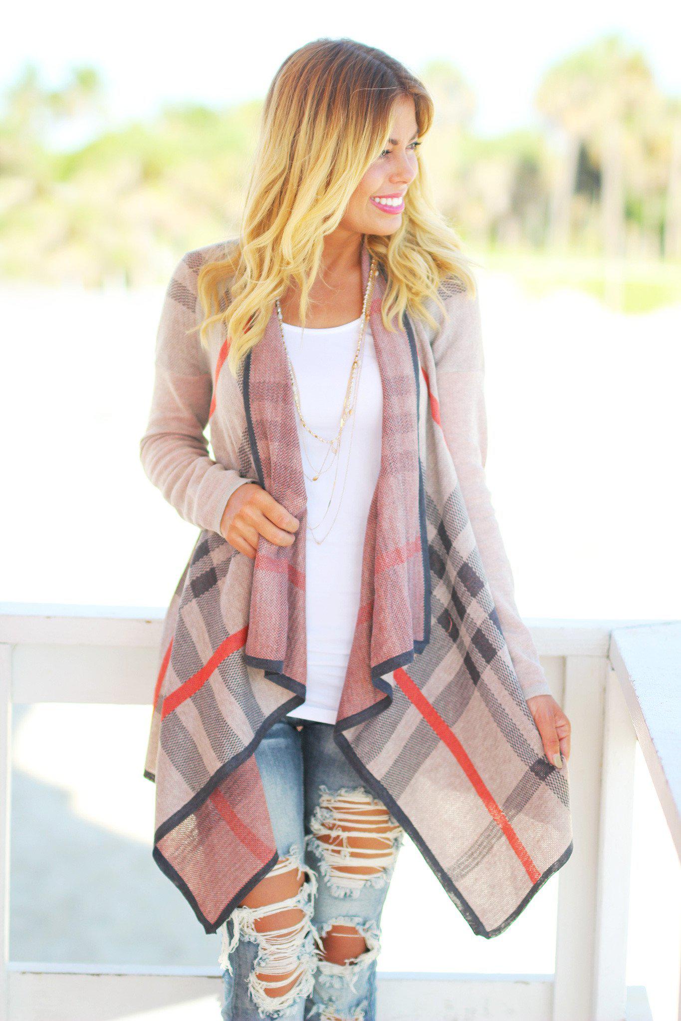 Tan Plaid Cardigan | Tan Cardigan | Open Front Cardigan – Saved by the ...