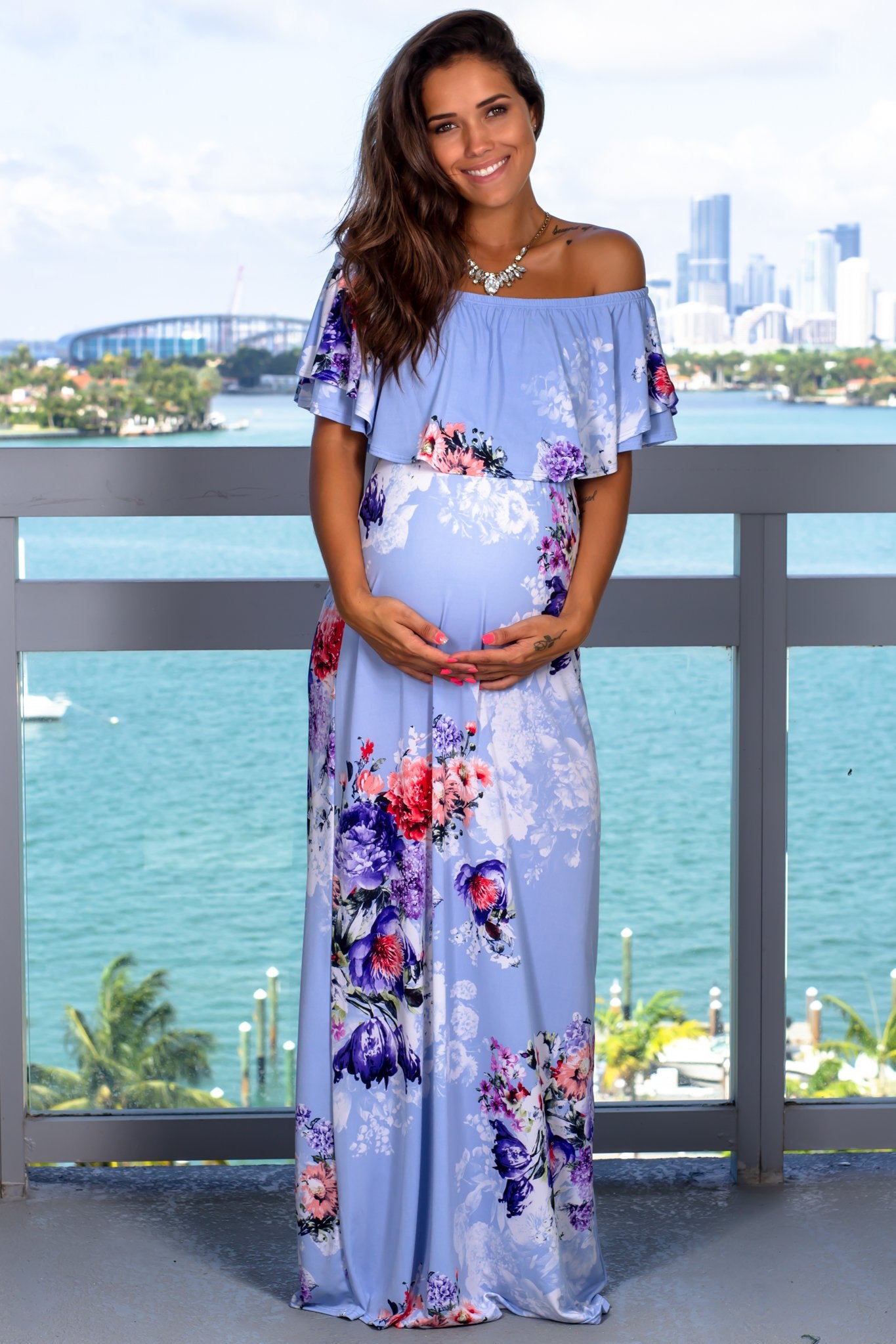 blue floral maternity maxi dress