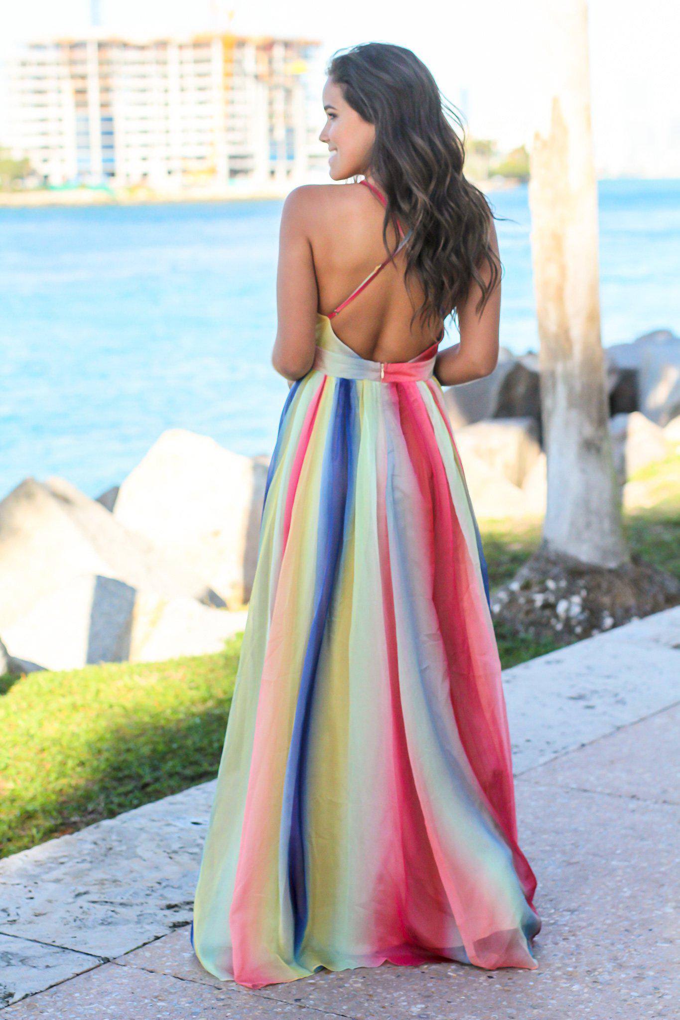 Rainbow Maxi Dress with Criss Cross Back | Maxi Dresses – Saved by the ...