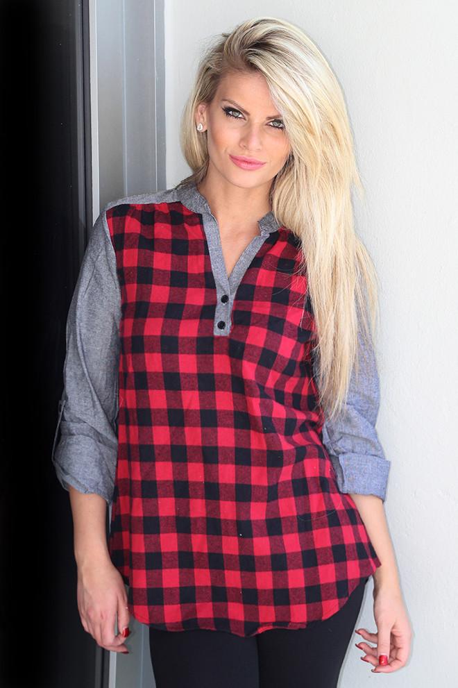 Red And Black Plaid Top With Gray Sleeves | Red Top – Saved by the Dress
