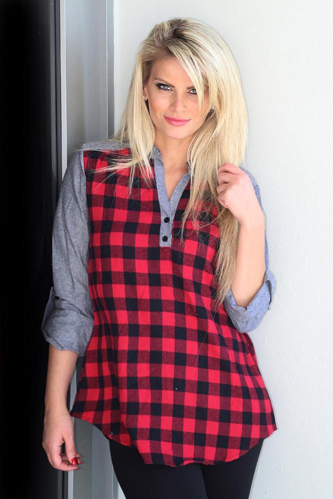 Red And Black Plaid Top With Gray Sleeves – Saved by the Dress