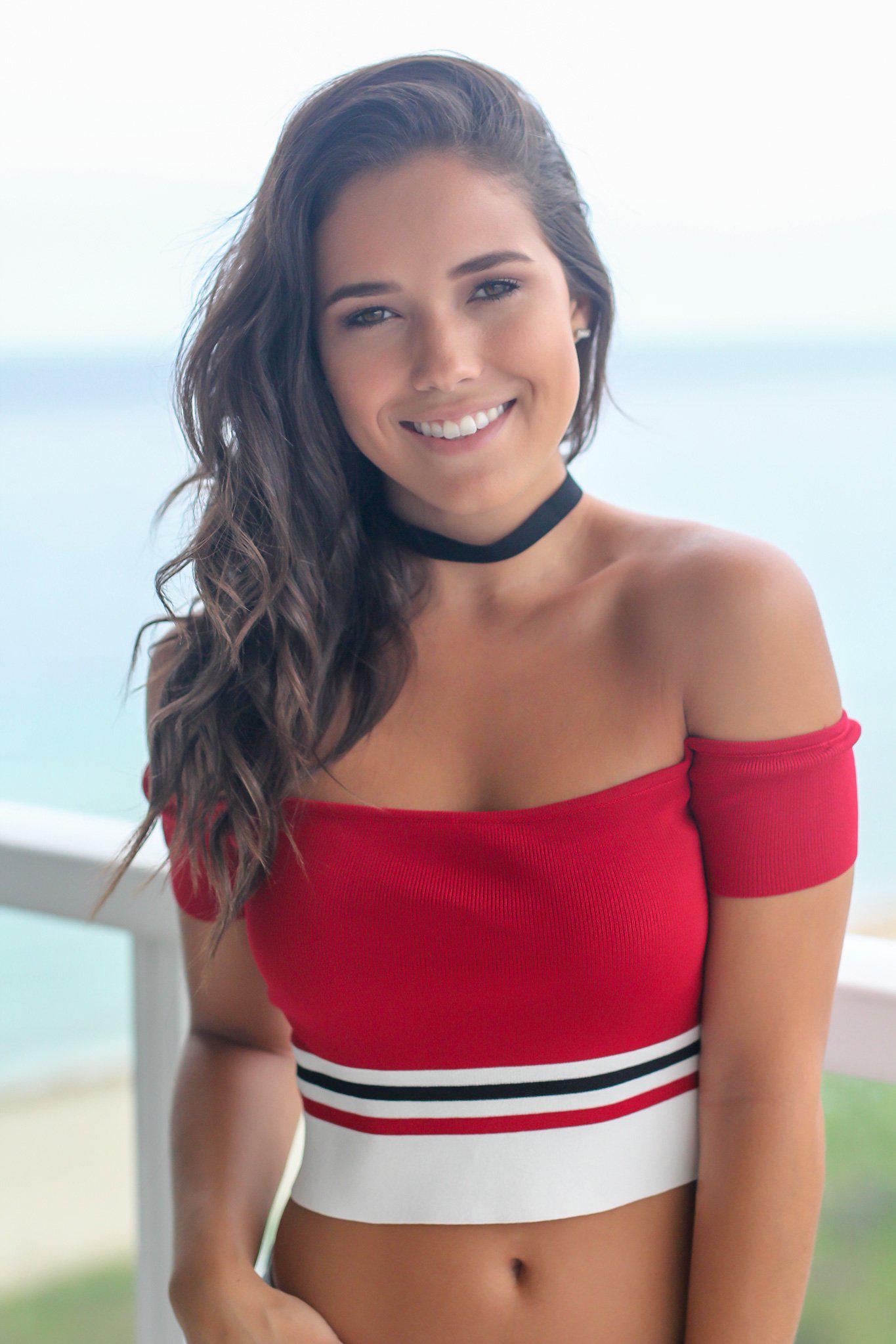 cute red off the shoulder tops