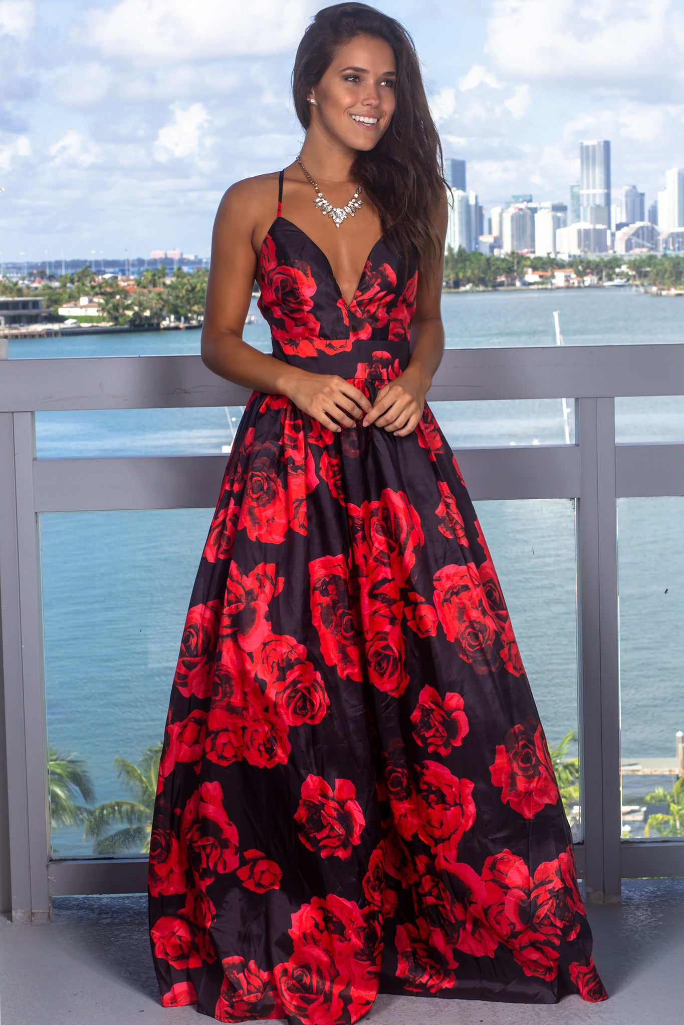 black maxi dress with red flowers