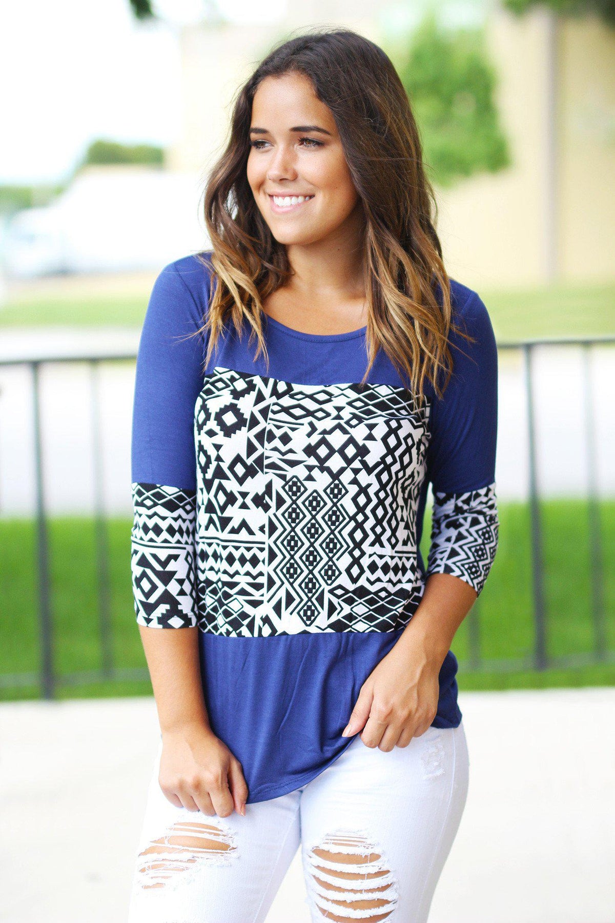 Royal Blue Aztec Top with 3/4 Sleeves – Saved by the Dress