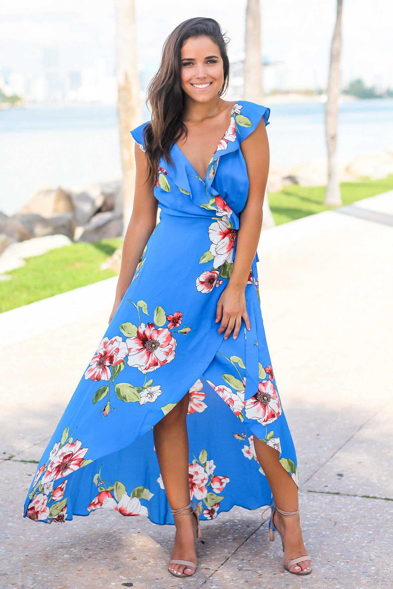 Royal Blue Floral Wrap Dress with Ruffles Maxi Dresses