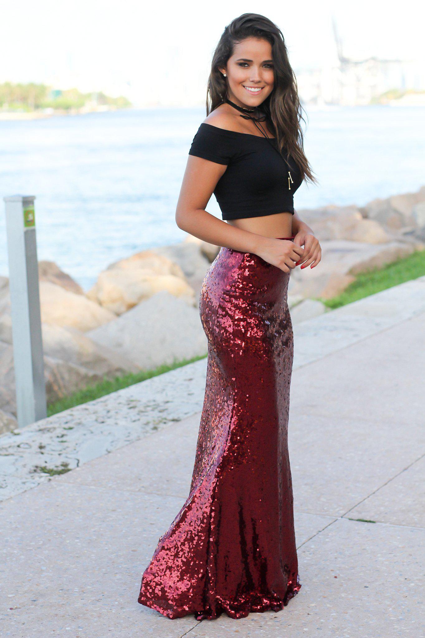 burgundy sequin maxi skirt