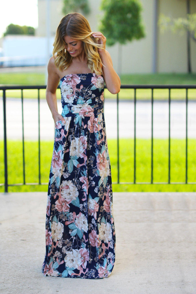 Strapless Peach and Navy Floral Maxi Dress with Pockets | Maxi Dresses ...