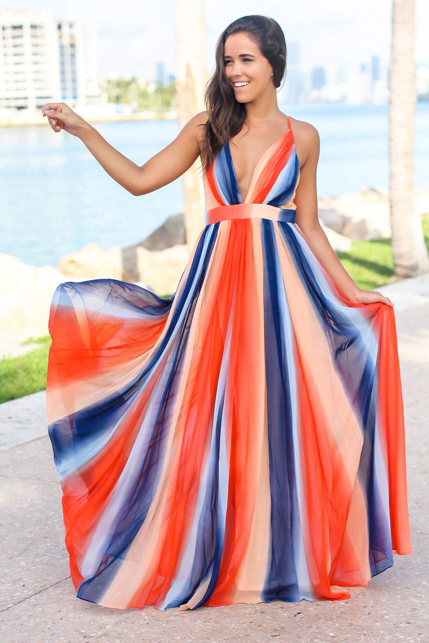 orange and blue striped dress