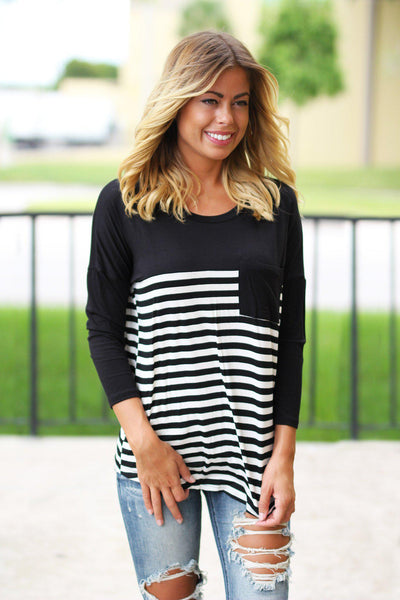 Black Striped Top | Black Top with Stripes | Black Top With Pocket ...