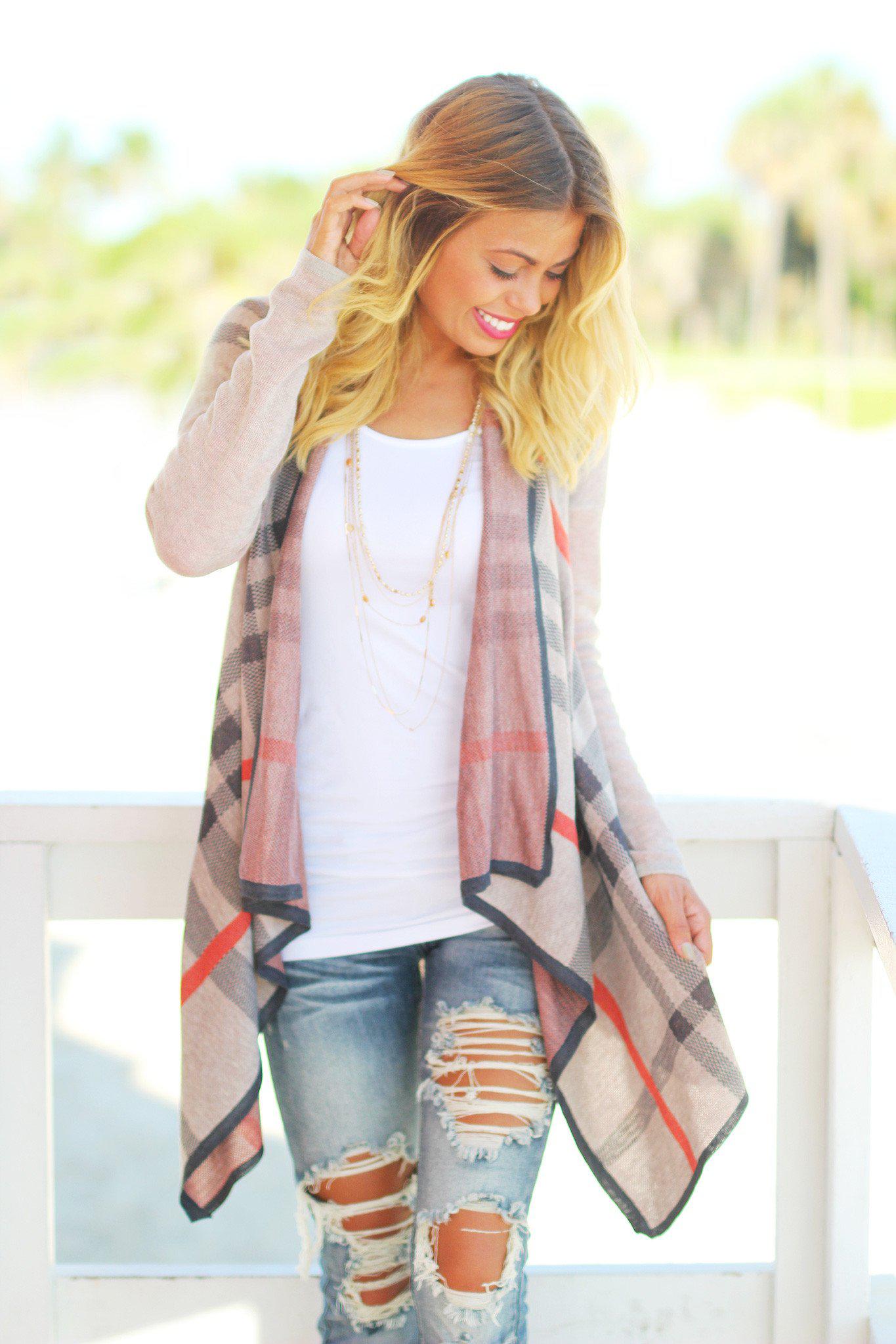 Tan Plaid Cardigan | Tan Cardigan | Open Front Cardigan – Saved by the ...