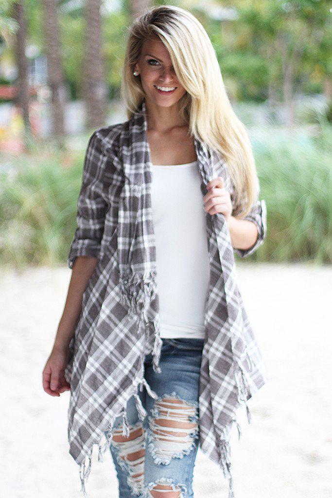 Taupe Plaid Fringe Cardigan | Gray Cardigan – Saved by the Dress