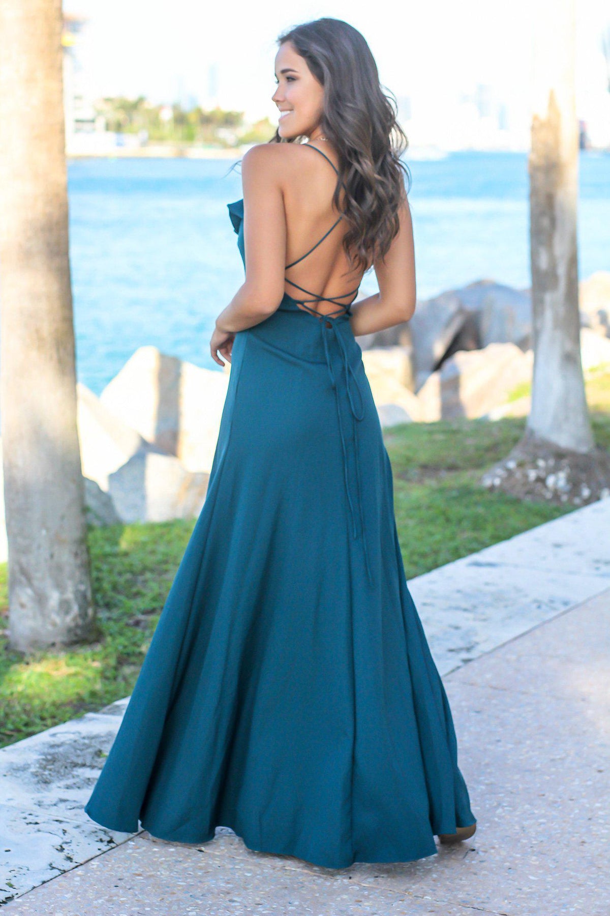 Teal Ruffled Maxi Dress with Lace Up Back | Maxi Dresses – Saved by the ...