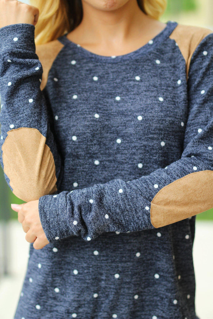Navy Polka Dot Top with Elbow Patches | Navy Top | Cute Top – Saved by ...