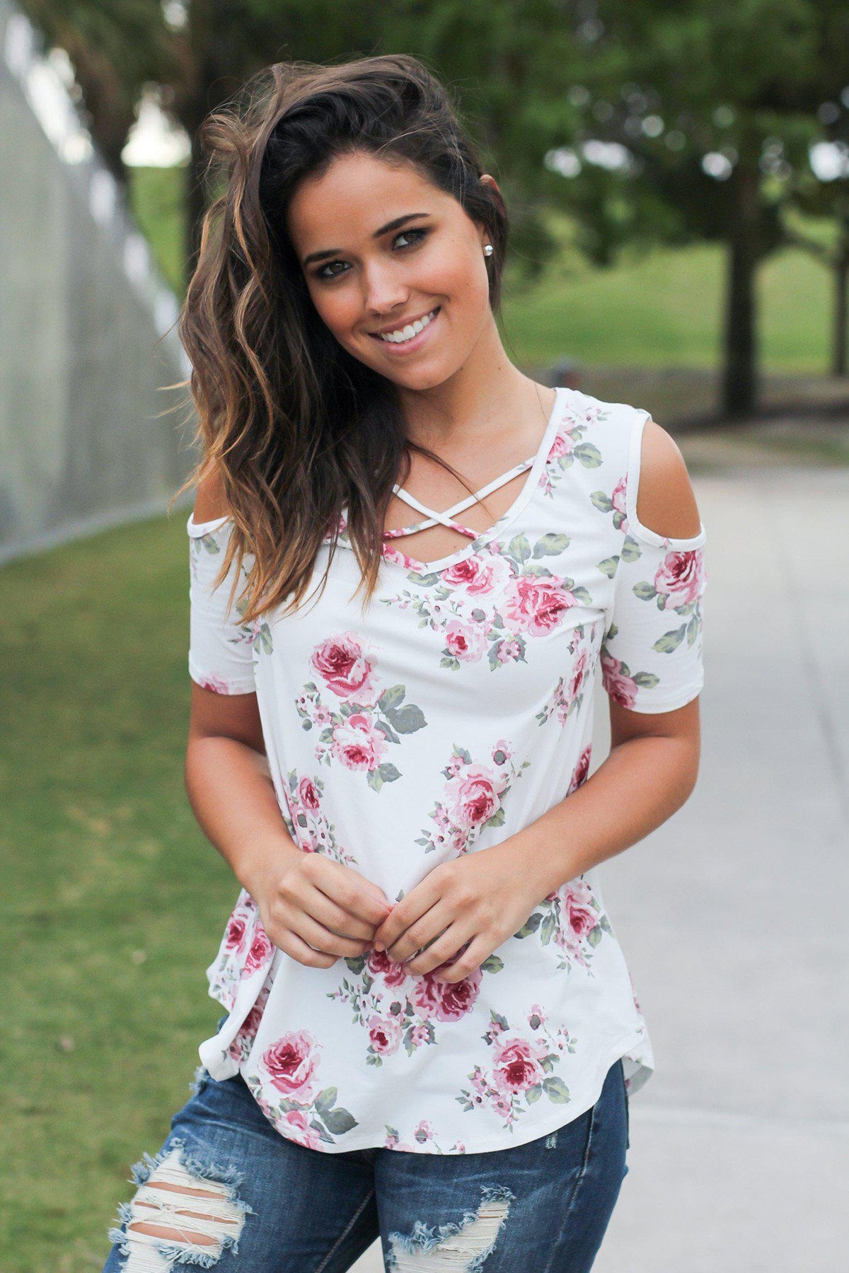 Floral Open Shoulder Criss Cross Top | Cute Tops – Saved by the Dress
