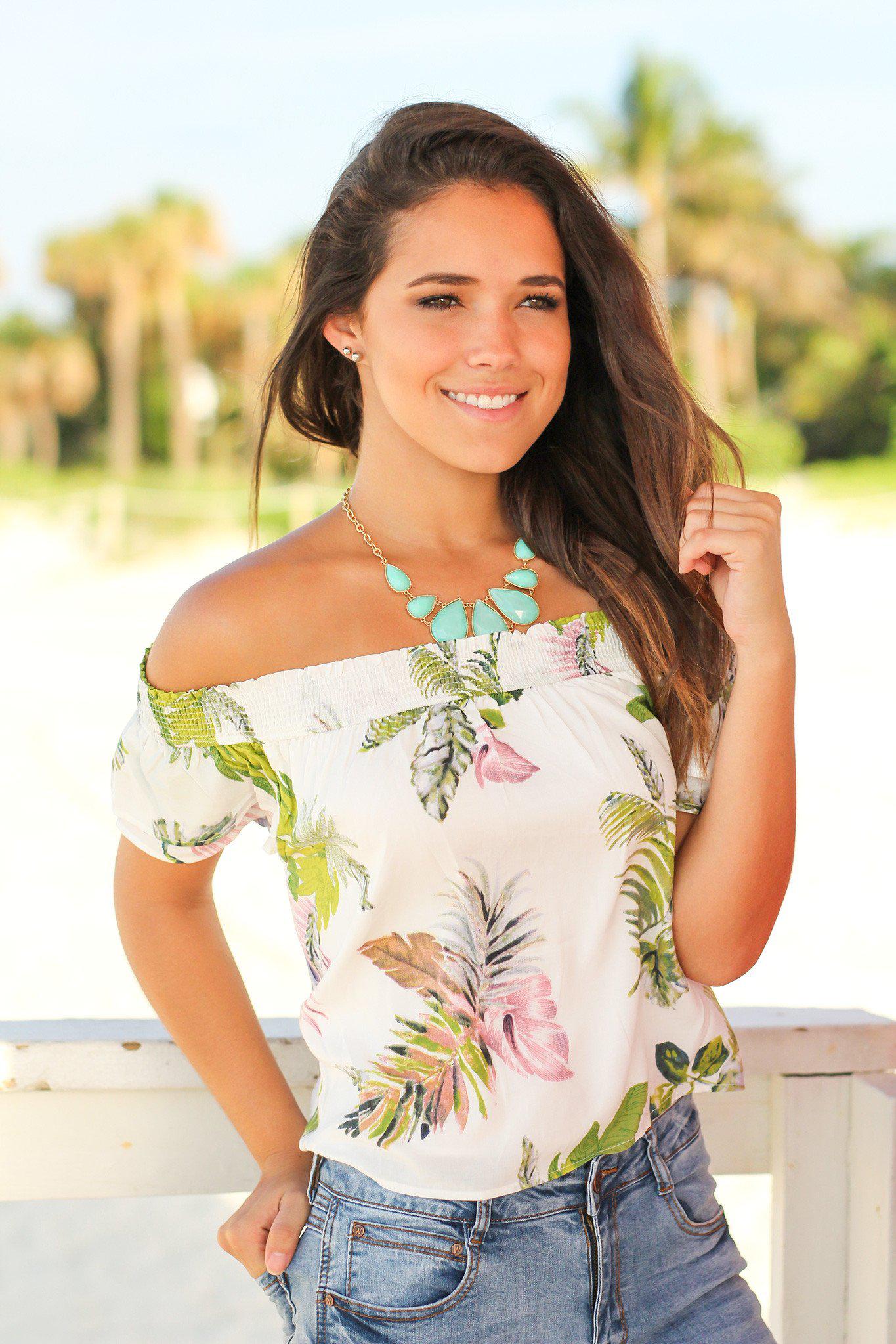 White Tropical Off Shoulder Top | Cute Tops – Saved by the Dress