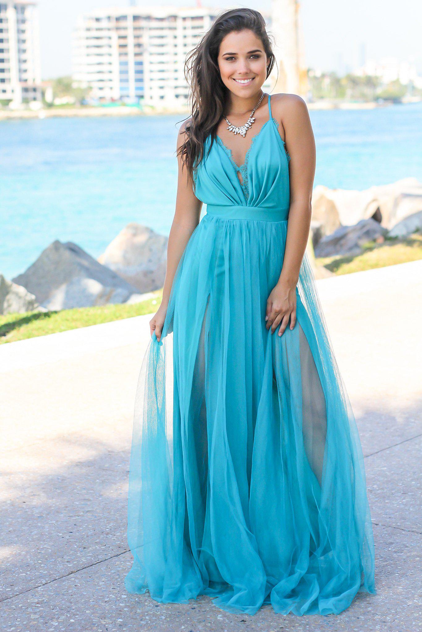  Turquoise  Tulle Maxi Dress  with Lace Detail Maxi Dresses  